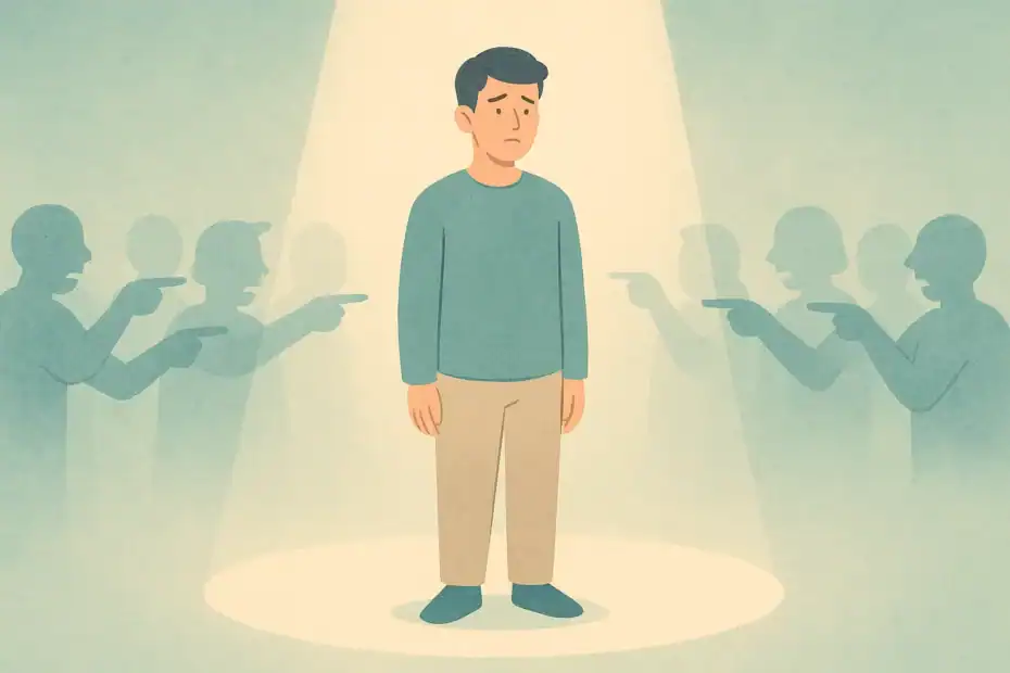 Osoba odczuwająca lęk przed oceną stojąca samotnie na scenie, pastelowa ilustracja.