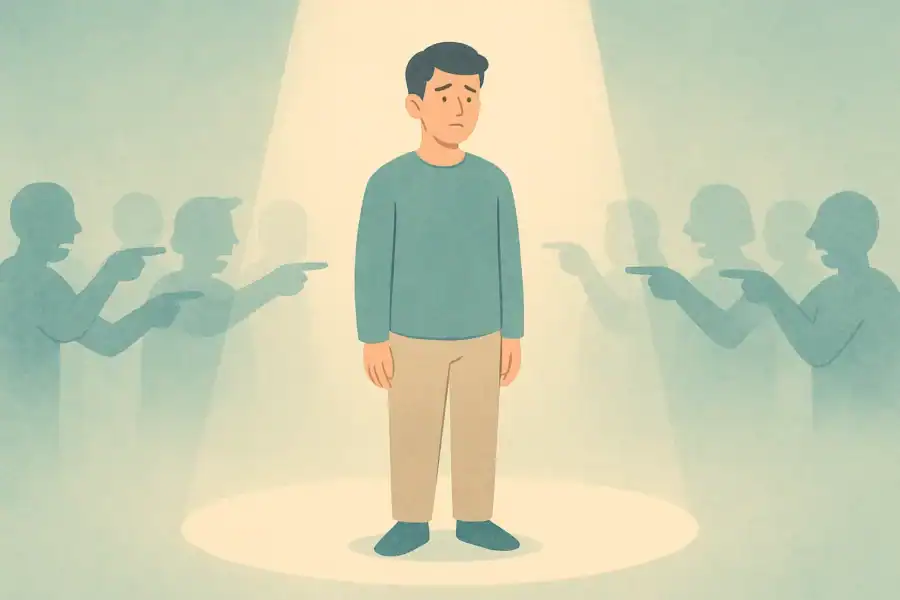 Osoba odczuwająca lęk przed oceną stojąca samotnie na scenie, pastelowa ilustracja.