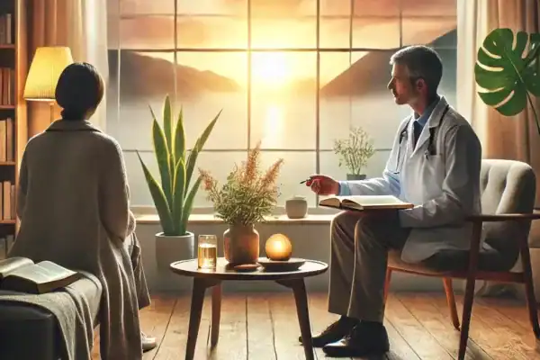 Symboliczne przedstawienie procesu leczenia depresji – osoba otrzymująca wsparcie terapeutyczne, symbolizująca znaczenie terapii, wsparcia bliskich i zdrowia psychicznego. Leczenie depresji to klucz do wyzdrowienia!