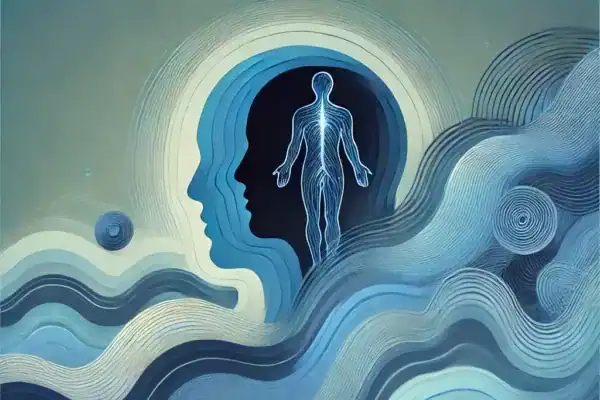 Symboliczna grafika przedstawiająca przyczyny depresji, w tym czynniki biologiczne, psychologiczne, środowiskowe, społeczne, kulturowe i behawioralne, wpływające na zdrowie psychiczne.