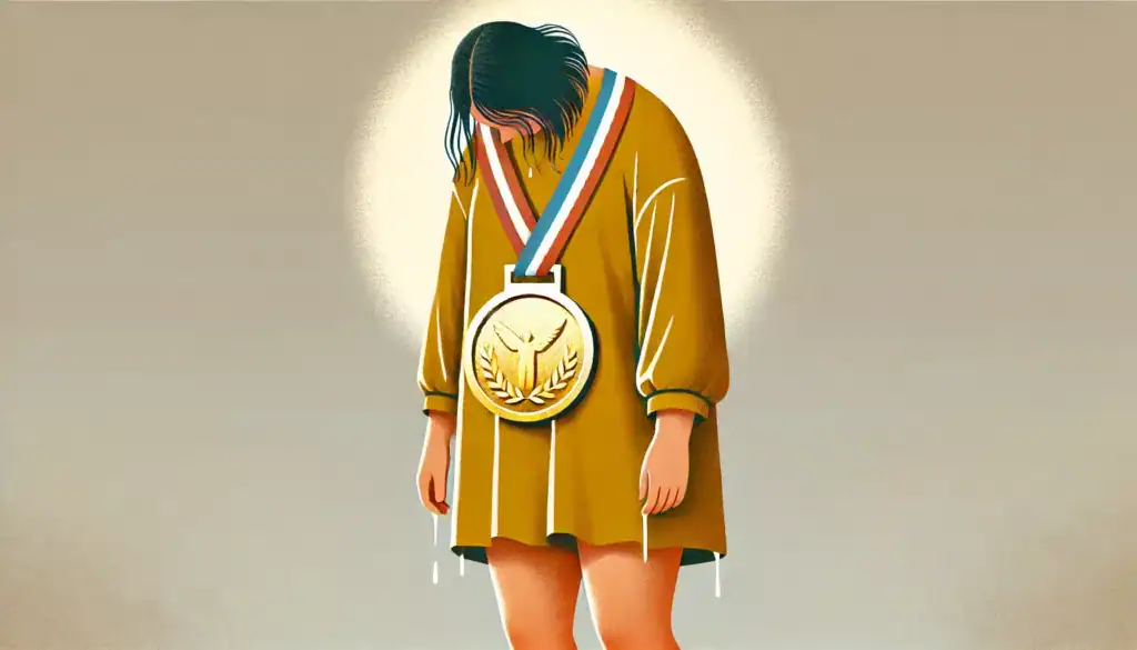 Kobieta z pochyloną sylwetką, przygnieciona ciężarem dużego złotego medalu – symboliczna ilustracja przedstawiająca perfekcjonizm, jako obciążenie emocjonalne.