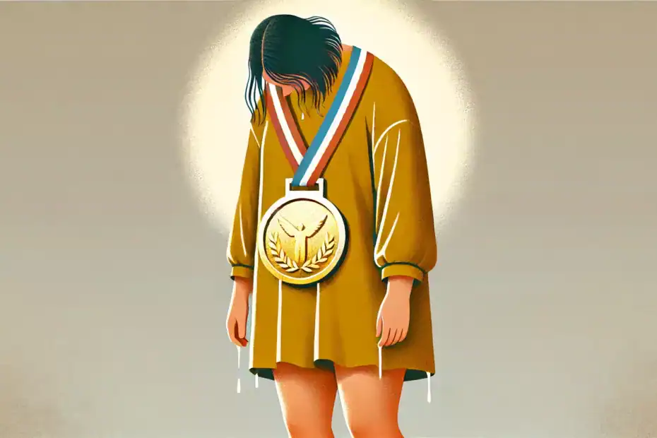 Kobieta z pochyloną sylwetką, przygnieciona ciężarem dużego złotego medalu – symboliczna ilustracja przedstawiająca perfekcjonizm, jako obciążenie emocjonalne.