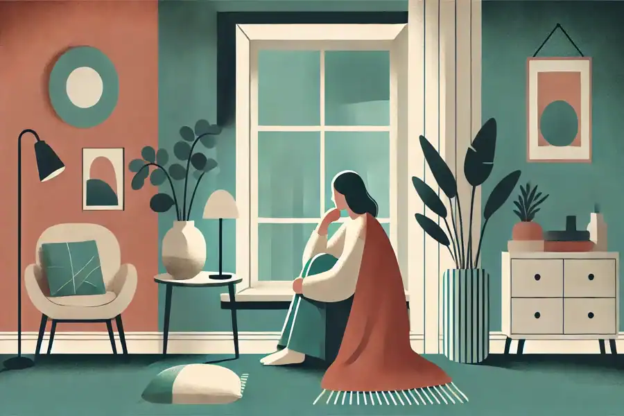 Minimalistyczna ilustracja osoby szukającej pomocy psychologicznej, spokojna scena przy oknie, styl mybetterlife