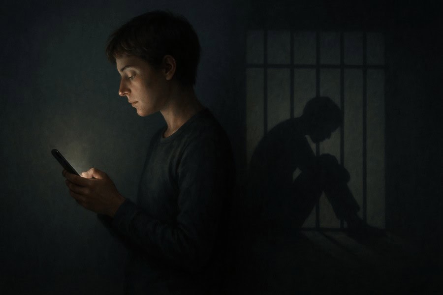 Osoba patrząca w telefon, a cień ukazuje emocjonalne skutki social mediów – zdrowie psychiczne i cyfrowa równowaga