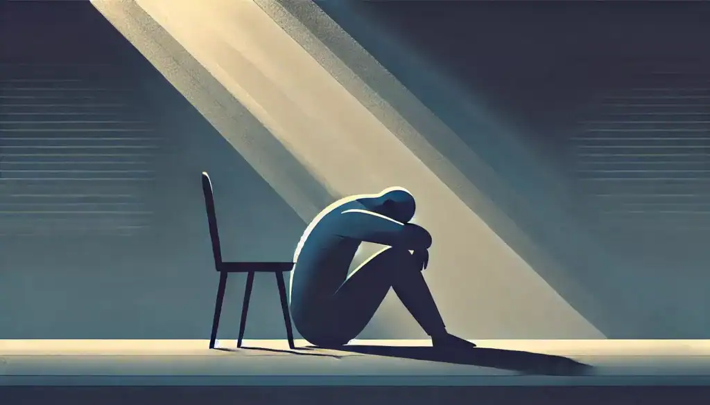 Ilustracja przedstawia wypalenie emocjonalne – samotna osoba z głową w dłoniach, otoczona ciemnością, z delikatnym światłem nad głową symbolizującym nadzieję.