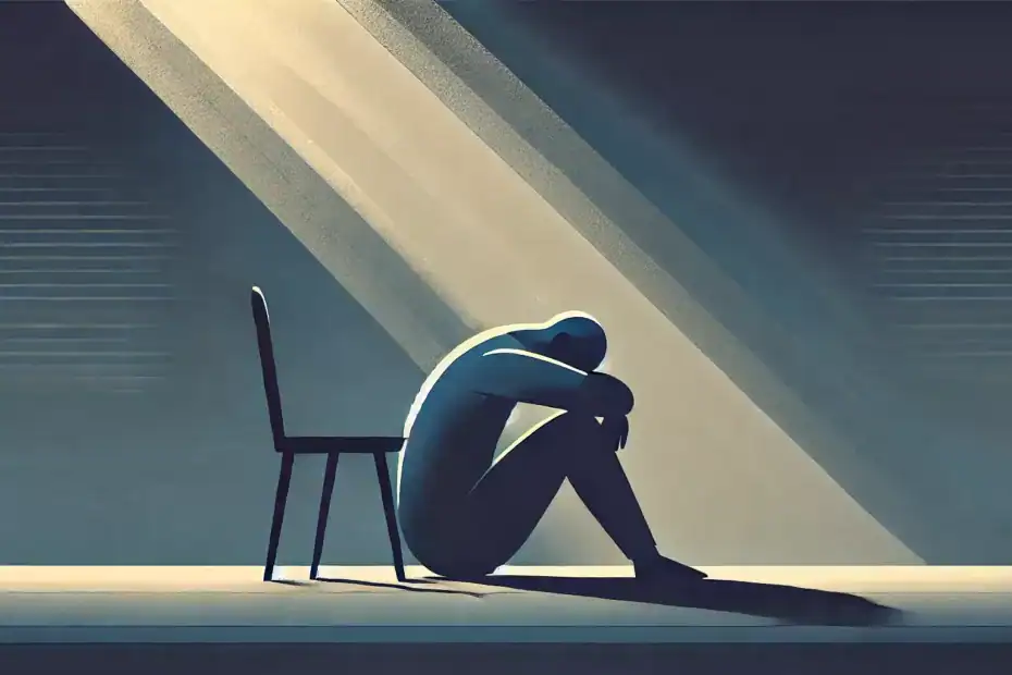 Ilustracja przedstawia wypalenie emocjonalne – samotna osoba z głową w dłoniach, otoczona ciemnością, z delikatnym światłem nad głową symbolizującym nadzieję.
