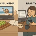 Ilustracja pokazuje porównywanie się do innych w kontekście social media i rzeczywistości codziennego życia. Dlaczego więc porównujemy się do innych?
